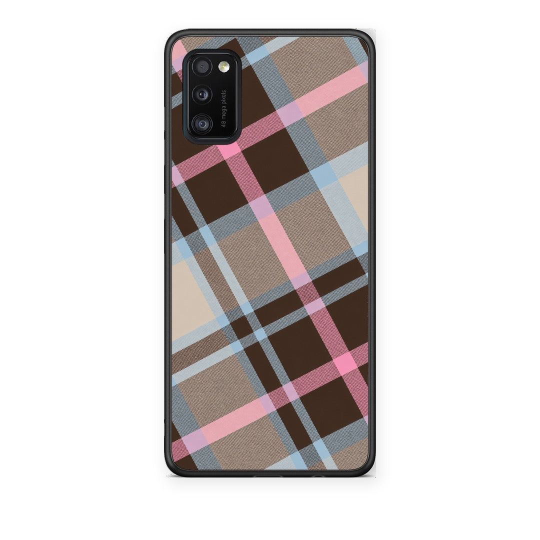 Θήκη Samsung Galaxy A41 Brown Pink and Blue Diagonal Plaid από τη Smartfits με σχέδιο στο πίσω μέρος και μαύρο περίβλημα | Samsung Galaxy A41 Brown Pink and Blue Diagonal Plaid case with colorful back and black bezels