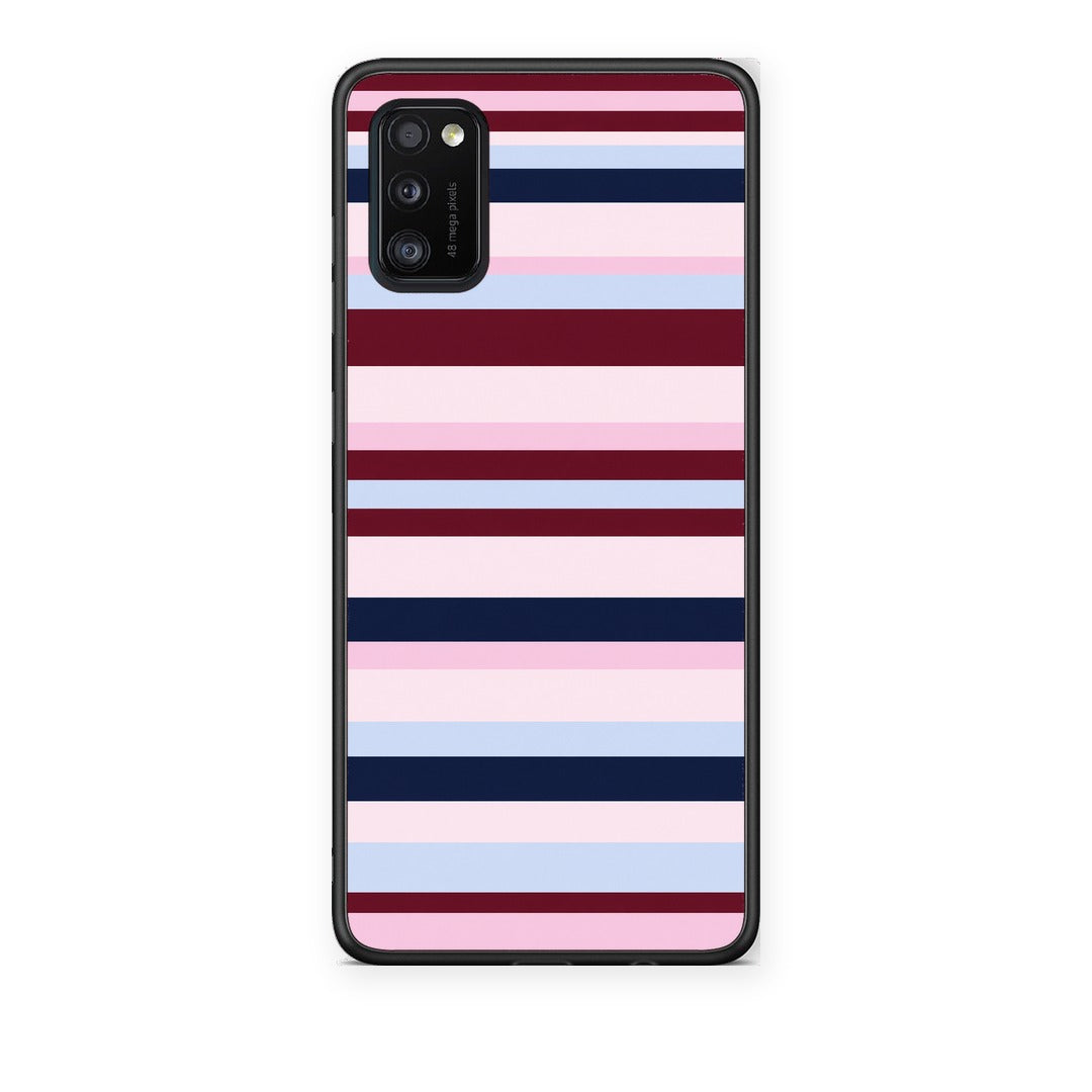 Θήκη Samsung Galaxy A41 Burgundy Pink and Blue Horizontal Stripes από τη Smartfits με σχέδιο στο πίσω μέρος και μαύρο περίβλημα | Samsung Galaxy A41 Burgundy Pink and Blue Horizontal Stripes case with colorful back and black bezels