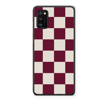 Θήκη Samsung Galaxy A41 Burgundy and Cream Striped Checks από τη Smartfits με σχέδιο στο πίσω μέρος και μαύρο περίβλημα | Samsung Galaxy A41 Burgundy and Cream Striped Checks case with colorful back and black bezels