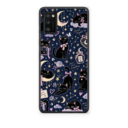 Θήκη Samsung Galaxy A41 Celestial Black Cats on Navy από τη Smartfits με σχέδιο στο πίσω μέρος και μαύρο περίβλημα | Samsung Galaxy A41 Celestial Black Cats on Navy case with colorful back and black bezels