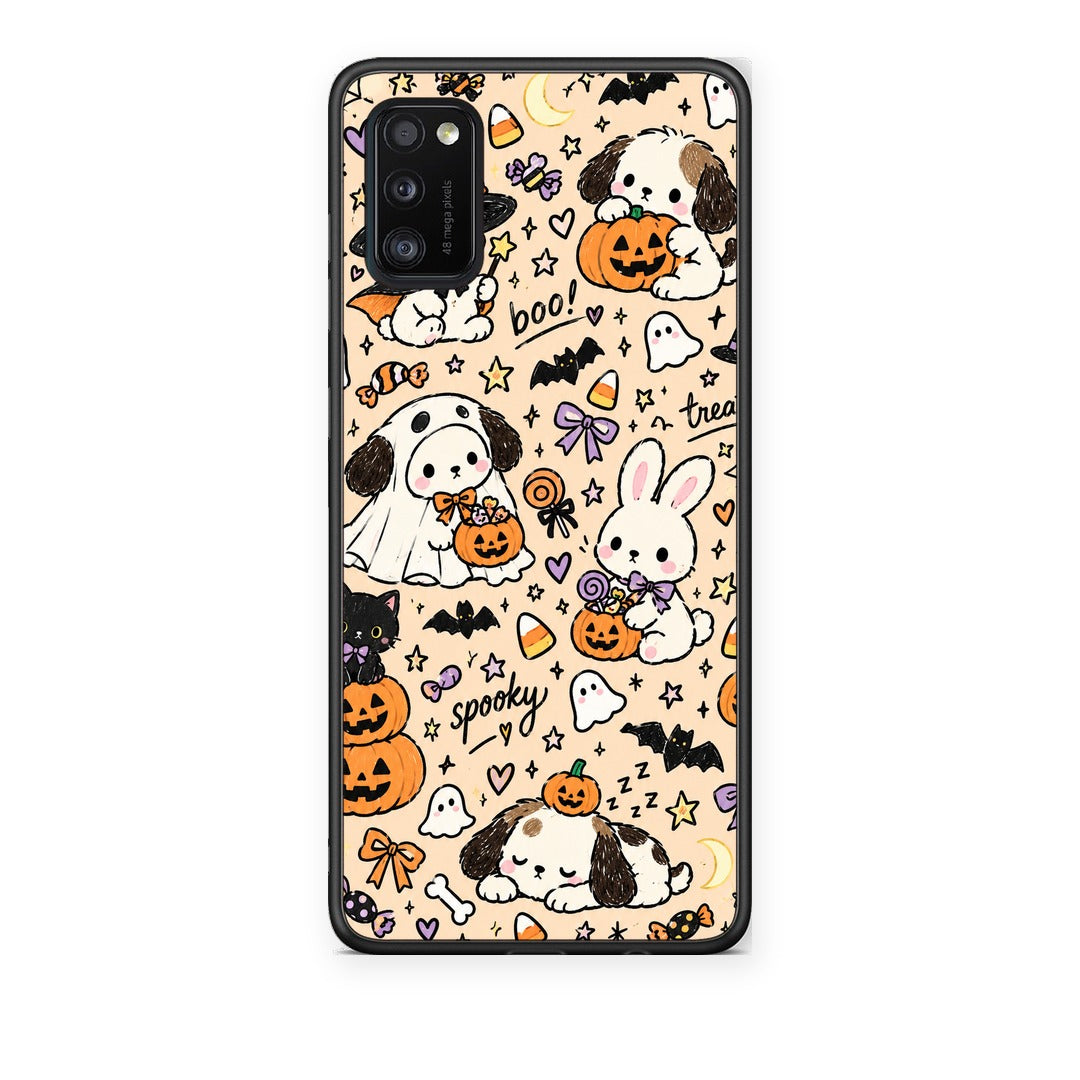 Θήκη Samsung Galaxy A41 Halloween Puppies and Friends on Cream από τη Smartfits με σχέδιο στο πίσω μέρος και μαύρο περίβλημα | Samsung Galaxy A41 Halloween Puppies and Friends on Cream case with colorful back and black bezels