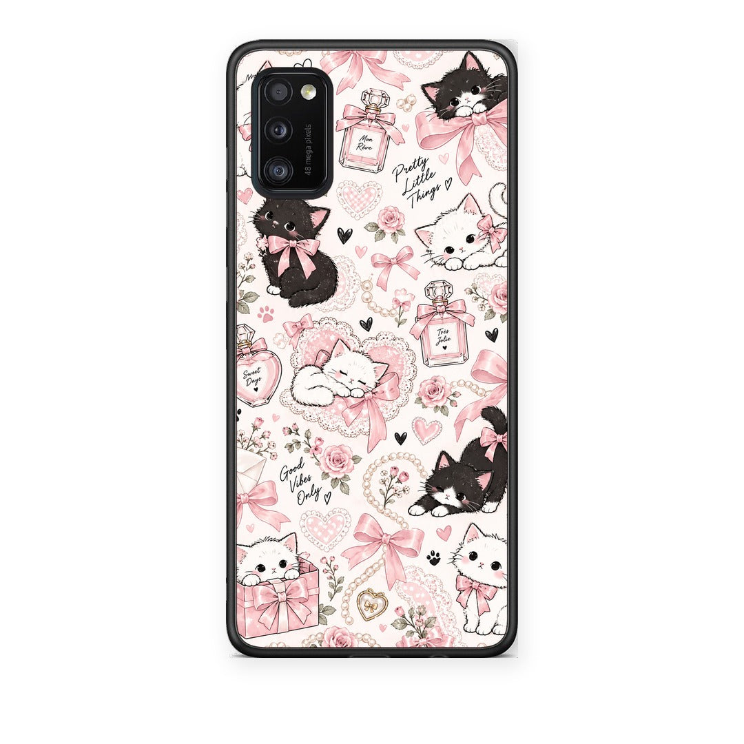 Θήκη Samsung Galaxy A41 Pink Bows and Kittens Collage από τη Smartfits με σχέδιο στο πίσω μέρος και μαύρο περίβλημα | Samsung Galaxy A41 Pink Bows and Kittens Collage case with colorful back and black bezels