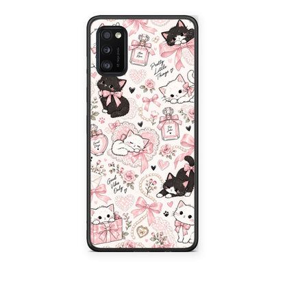 Θήκη Samsung Galaxy A41 Pink Bows and Kittens Collage από τη Smartfits με σχέδιο στο πίσω μέρος και μαύρο περίβλημα | Samsung Galaxy A41 Pink Bows and Kittens Collage case with colorful back and black bezels