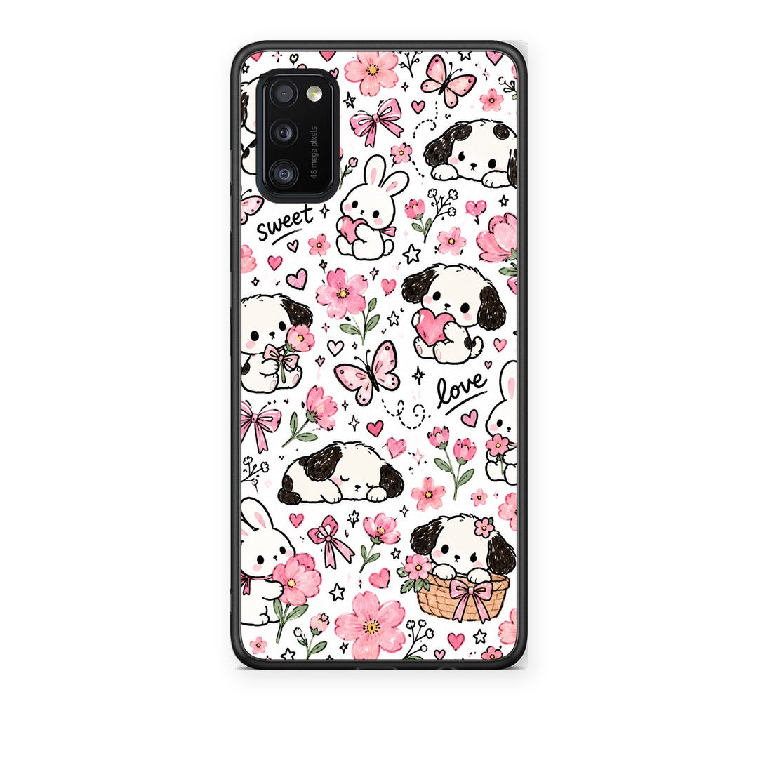 Θήκη Samsung Galaxy A41 Pink Florals Puppies and Bunnies on White από τη Smartfits με σχέδιο στο πίσω μέρος και μαύρο περίβλημα | Samsung Galaxy A41 Pink Florals Puppies and Bunnies on White case with colorful back and black bezels