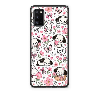 Θήκη Samsung Galaxy A41 Pink Florals Puppies and Bunnies on White από τη Smartfits με σχέδιο στο πίσω μέρος και μαύρο περίβλημα | Samsung Galaxy A41 Pink Florals Puppies and Bunnies on White case with colorful back and black bezels