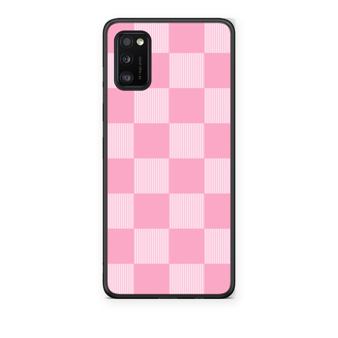 Θήκη Samsung Galaxy A41 Pink and White Striped Checks από τη Smartfits με σχέδιο στο πίσω μέρος και μαύρο περίβλημα | Samsung Galaxy A41 Pink and White Striped Checks case with colorful back and black bezels
