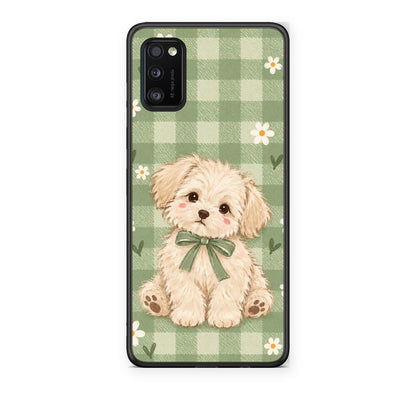 Θήκη Samsung Galaxy A41 Puppy and Daisies on Sage Gingham από τη Smartfits με σχέδιο στο πίσω μέρος και μαύρο περίβλημα | Samsung Galaxy A41 Puppy and Daisies on Sage Gingham case with colorful back and black bezels