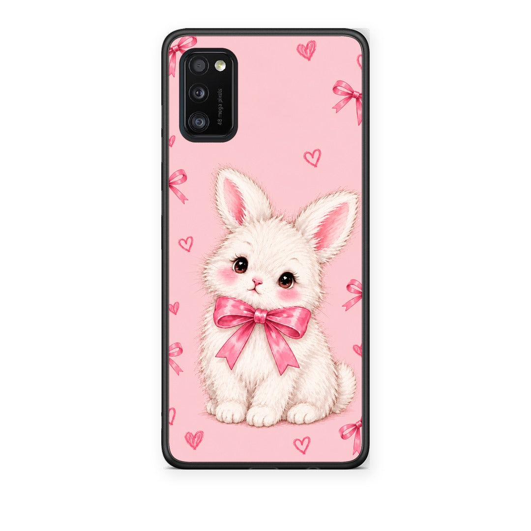 Θήκη Samsung Galaxy A41 White Bunny and Pink Bows από τη Smartfits με σχέδιο στο πίσω μέρος και μαύρο περίβλημα | Samsung Galaxy A41 White Bunny and Pink Bows case with colorful back and black bezels