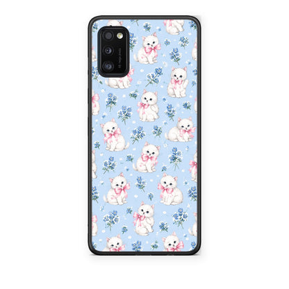 Θήκη Samsung Galaxy A41 White Kittens and Blue Flowers Small από τη Smartfits με σχέδιο στο πίσω μέρος και μαύρο περίβλημα | Samsung Galaxy A41 White Kittens and Blue Flowers Small case with colorful back and black bezels