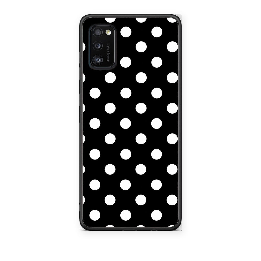 Θήκη Samsung Galaxy A41 White Polka Dots on Black από τη Smartfits με σχέδιο στο πίσω μέρος και μαύρο περίβλημα | Samsung Galaxy A41 White Polka Dots on Black case with colorful back and black bezels