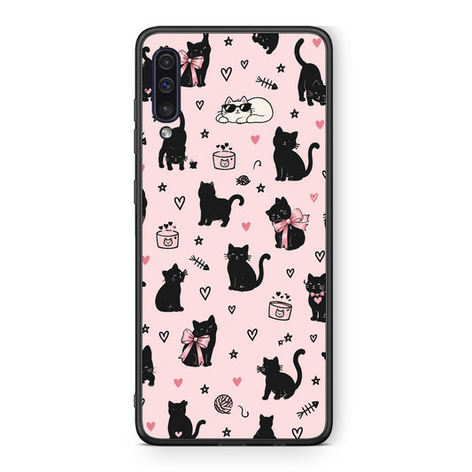 Θήκη Samsung Galaxy A50 / A30s Black Cat Doodles on Pink από τη Smartfits με σχέδιο στο πίσω μέρος και μαύρο περίβλημα | Samsung Galaxy A50 / A30s Black Cat Doodles on Pink case with colorful back and black bezels