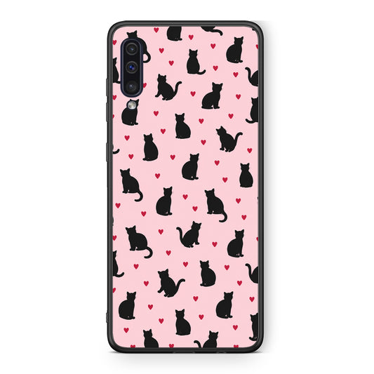Θήκη Samsung Galaxy A50 / A30s Black Cat Silhouettes and Hearts on Pink από τη Smartfits με σχέδιο στο πίσω μέρος και μαύρο περίβλημα | Samsung Galaxy A50 / A30s Black Cat Silhouettes and Hearts on Pink case with colorful back and black bezels