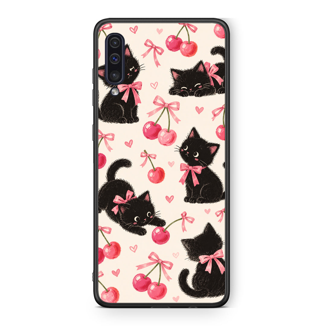 Θήκη Samsung Galaxy A50 / A30s Black Kittens and Cherries on Cream από τη Smartfits με σχέδιο στο πίσω μέρος και μαύρο περίβλημα | Samsung Galaxy A50 / A30s Black Kittens and Cherries on Cream case with colorful back and black bezels