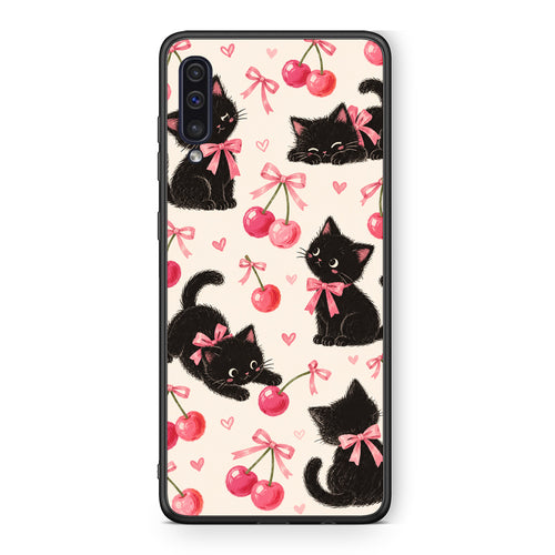 Θήκη Samsung Galaxy A50 / A30s Black Kittens and Cherries on Cream από τη Smartfits με σχέδιο στο πίσω μέρος και μαύρο περίβλημα | Samsung Galaxy A50 / A30s Black Kittens and Cherries on Cream case with colorful back and black bezels