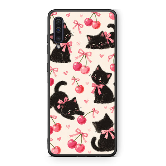Θήκη Samsung Galaxy A50 / A30s Black Kittens and Cherries on Cream από τη Smartfits με σχέδιο στο πίσω μέρος και μαύρο περίβλημα | Samsung Galaxy A50 / A30s Black Kittens and Cherries on Cream case with colorful back and black bezels