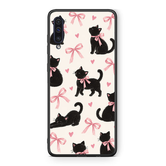 Θήκη Samsung Galaxy A50 / A30s Black Kittens and Pink Bows on Cream Large από τη Smartfits με σχέδιο στο πίσω μέρος και μαύρο περίβλημα | Samsung Galaxy A50 / A30s Black Kittens and Pink Bows on Cream Large case with colorful back and black bezels