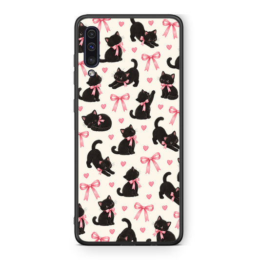 Θήκη Samsung Galaxy A50 / A30s Black Kittens and Pink Bows on Cream Small από τη Smartfits με σχέδιο στο πίσω μέρος και μαύρο περίβλημα | Samsung Galaxy A50 / A30s Black Kittens and Pink Bows on Cream Small case with colorful back and black bezels