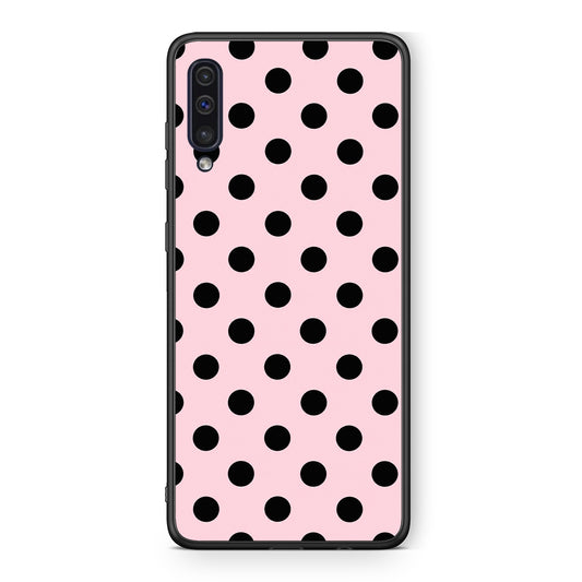 Θήκη Samsung Galaxy A50 / A30s Black Polka Dots on Pink από τη Smartfits με σχέδιο στο πίσω μέρος και μαύρο περίβλημα | Samsung Galaxy A50 / A30s Black Polka Dots on Pink case with colorful back and black bezels