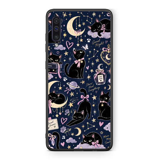Θήκη Samsung Galaxy A50 / A30s Celestial Black Cats on Navy από τη Smartfits με σχέδιο στο πίσω μέρος και μαύρο περίβλημα | Samsung Galaxy A50 / A30s Celestial Black Cats on Navy case with colorful back and black bezels