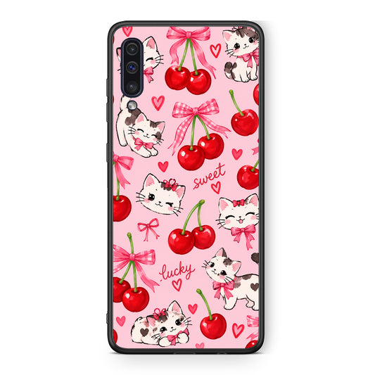 Θήκη Samsung Galaxy A50 / A30s Cherries Bows and Kittens on Pink από τη Smartfits με σχέδιο στο πίσω μέρος και μαύρο περίβλημα | Samsung Galaxy A50 / A30s Cherries Bows and Kittens on Pink case with colorful back and black bezels
