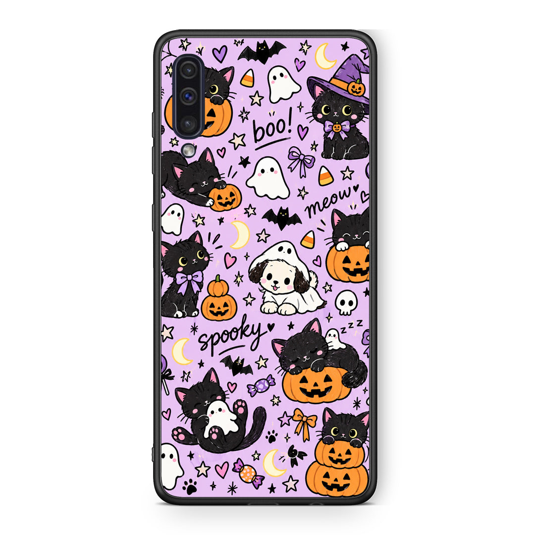Θήκη Samsung Galaxy A50 / A30s Halloween Black Cats on Lilac από τη Smartfits με σχέδιο στο πίσω μέρος και μαύρο περίβλημα | Samsung Galaxy A50 / A30s Halloween Black Cats on Lilac case with colorful back and black bezels