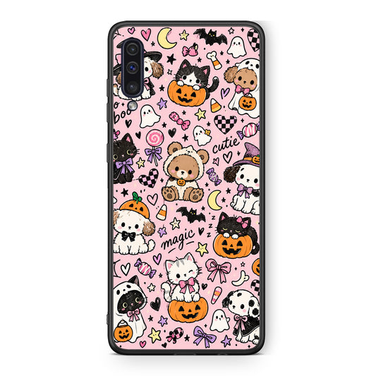 Θήκη Samsung Galaxy A50 / A30s Halloween Cute Animals on Pink από τη Smartfits με σχέδιο στο πίσω μέρος και μαύρο περίβλημα | Samsung Galaxy A50 / A30s Halloween Cute Animals on Pink case with colorful back and black bezels