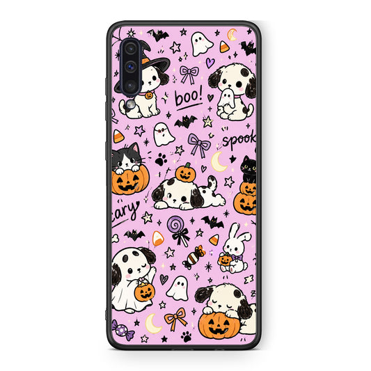 Θήκη Samsung Galaxy A50 / A30s Halloween Puppies and Friends on Lilac από τη Smartfits με σχέδιο στο πίσω μέρος και μαύρο περίβλημα | Samsung Galaxy A50 / A30s Halloween Puppies and Friends on Lilac case with colorful back and black bezels
