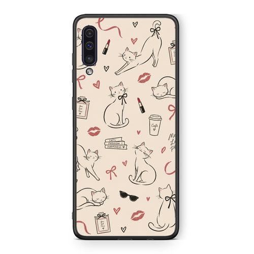 Θήκη Samsung Galaxy A50 / A30s Minimal Cat and Fashion Doodles on Cream από τη Smartfits με σχέδιο στο πίσω μέρος και μαύρο περίβλημα | Samsung Galaxy A50 / A30s Minimal Cat and Fashion Doodles on Cream case with colorful back and black bezels