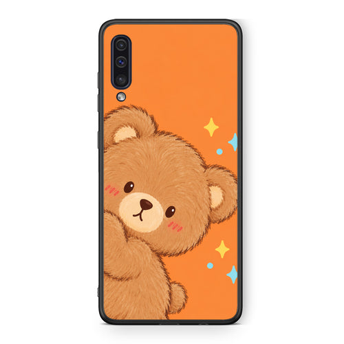 Θήκη Samsung Galaxy A50 / A30s Peekaboo Teddy on Orange από τη Smartfits με σχέδιο στο πίσω μέρος και μαύρο περίβλημα | Samsung Galaxy A50 / A30s Peekaboo Teddy on Orange case with colorful back and black bezels