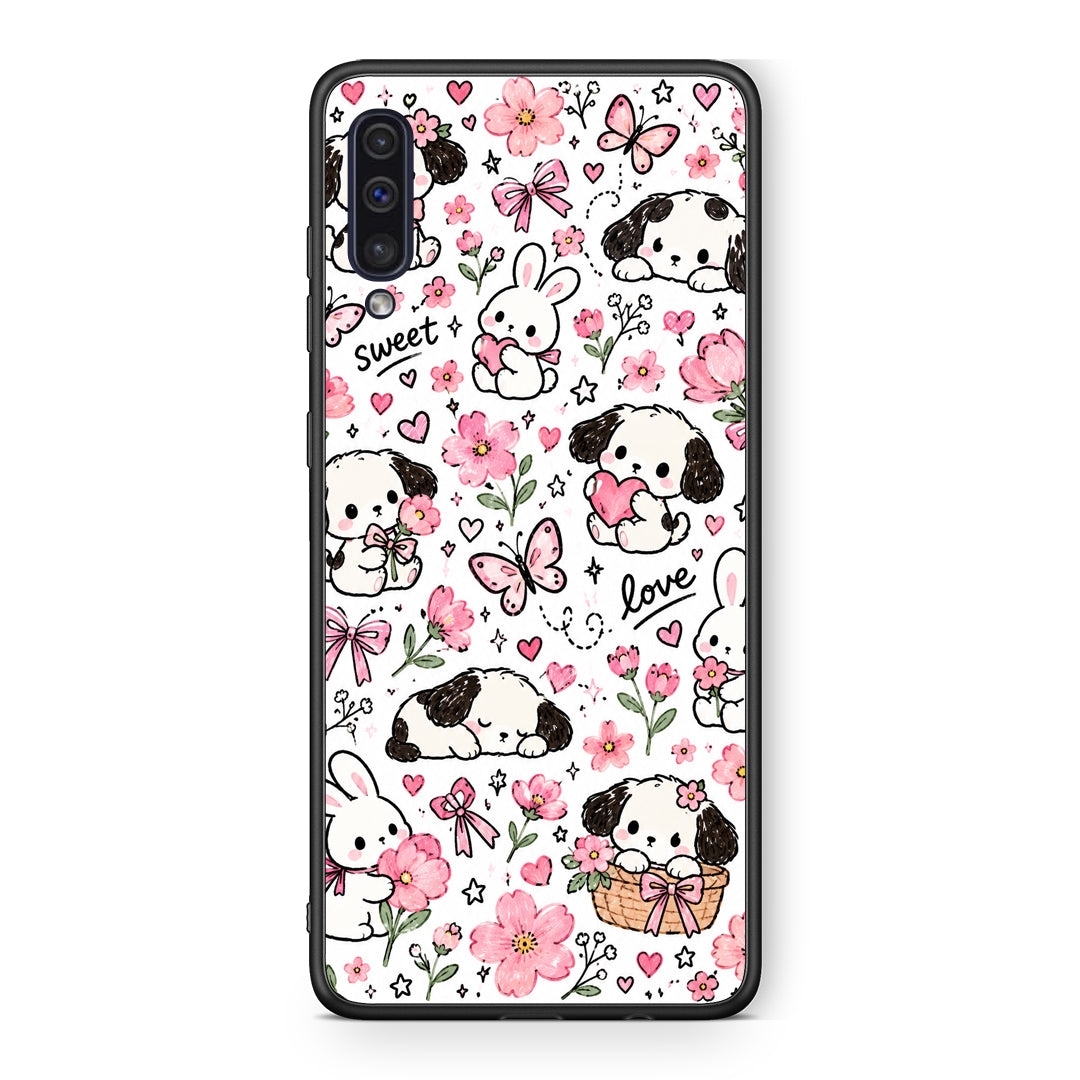Θήκη Samsung Galaxy A50 / A30s Pink Florals Puppies and Bunnies on White από τη Smartfits με σχέδιο στο πίσω μέρος και μαύρο περίβλημα | Samsung Galaxy A50 / A30s Pink Florals Puppies and Bunnies on White case with colorful back and black bezels