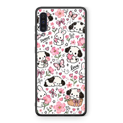 Θήκη Samsung Galaxy A50 / A30s Pink Florals Puppies and Bunnies on White από τη Smartfits με σχέδιο στο πίσω μέρος και μαύρο περίβλημα | Samsung Galaxy A50 / A30s Pink Florals Puppies and Bunnies on White case with colorful back and black bezels