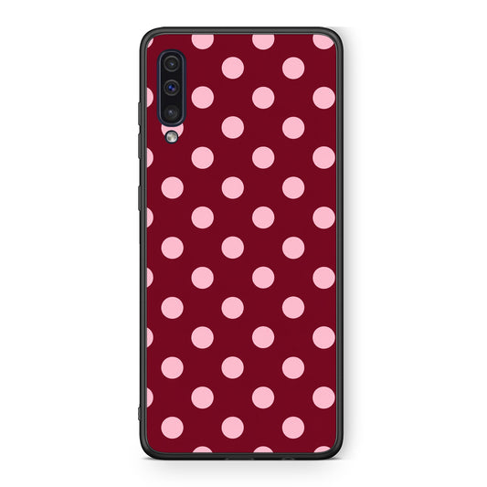 Θήκη Samsung Galaxy A50 / A30s Pink Polka Dots on Burgundy από τη Smartfits με σχέδιο στο πίσω μέρος και μαύρο περίβλημα | Samsung Galaxy A50 / A30s Pink Polka Dots on Burgundy case with colorful back and black bezels