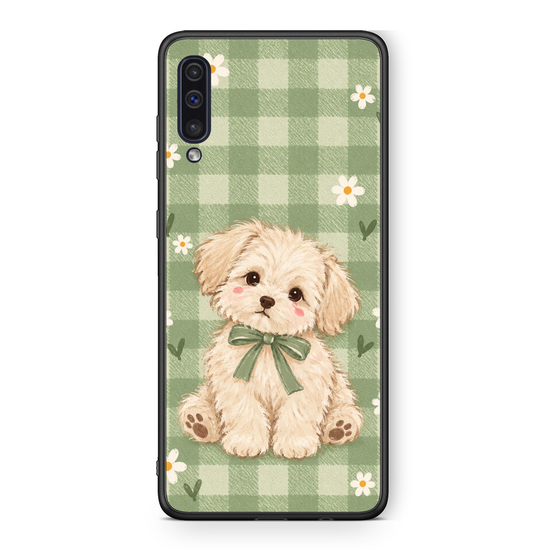 Θήκη Samsung Galaxy A50 / A30s Puppy and Daisies on Sage Gingham από τη Smartfits με σχέδιο στο πίσω μέρος και μαύρο περίβλημα | Samsung Galaxy A50 / A30s Puppy and Daisies on Sage Gingham case with colorful back and black bezels