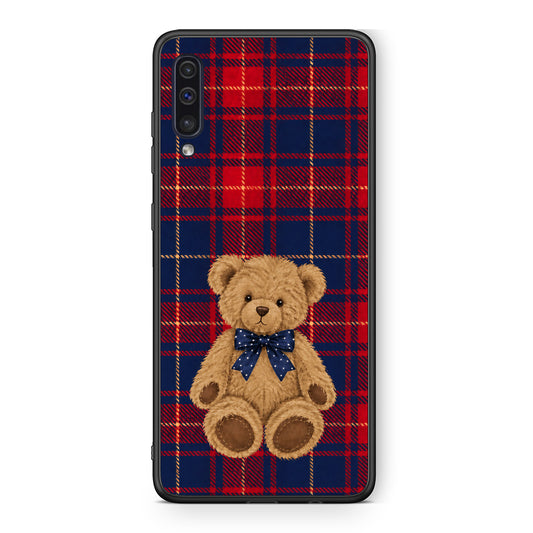 Θήκη Samsung Galaxy A50 / A30s Teddy Bear on Red and Navy Tartan από τη Smartfits με σχέδιο στο πίσω μέρος και μαύρο περίβλημα | Samsung Galaxy A50 / A30s Teddy Bear on Red and Navy Tartan case with colorful back and black bezels