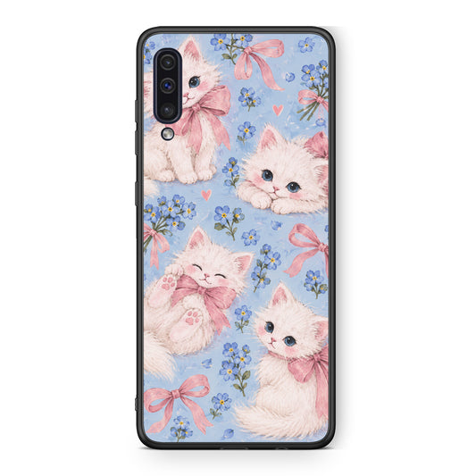 Θήκη Samsung Galaxy A50 / A30s White Kittens and Blue Flowers Large από τη Smartfits με σχέδιο στο πίσω μέρος και μαύρο περίβλημα | Samsung Galaxy A50 / A30s White Kittens and Blue Flowers Large case with colorful back and black bezels