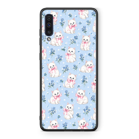 Θήκη Samsung Galaxy A50 / A30s White Kittens and Blue Flowers Small από τη Smartfits με σχέδιο στο πίσω μέρος και μαύρο περίβλημα | Samsung Galaxy A50 / A30s White Kittens and Blue Flowers Small case with colorful back and black bezels