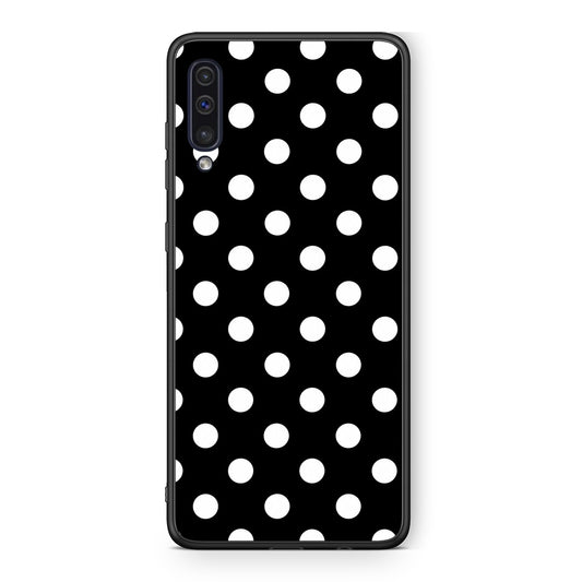 Θήκη Samsung Galaxy A50 / A30s White Polka Dots on Black από τη Smartfits με σχέδιο στο πίσω μέρος και μαύρο περίβλημα | Samsung Galaxy A50 / A30s White Polka Dots on Black case with colorful back and black bezels