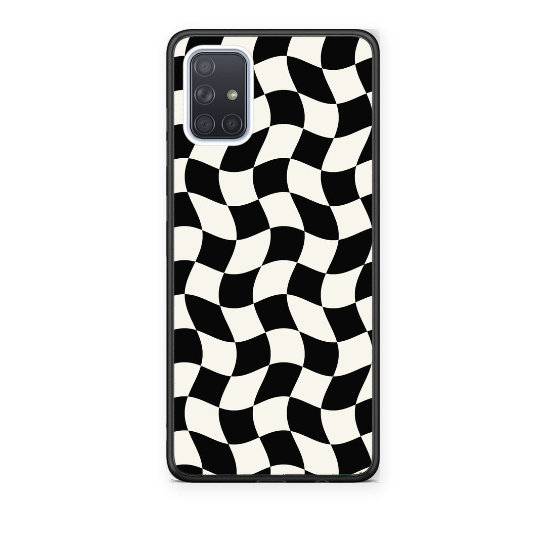 Θήκη Samsung Galaxy A51 Black and Cream Wavy Checkerboard από τη Smartfits με σχέδιο στο πίσω μέρος και μαύρο περίβλημα | Samsung Galaxy A51 Black and Cream Wavy Checkerboard case with colorful back and black bezels