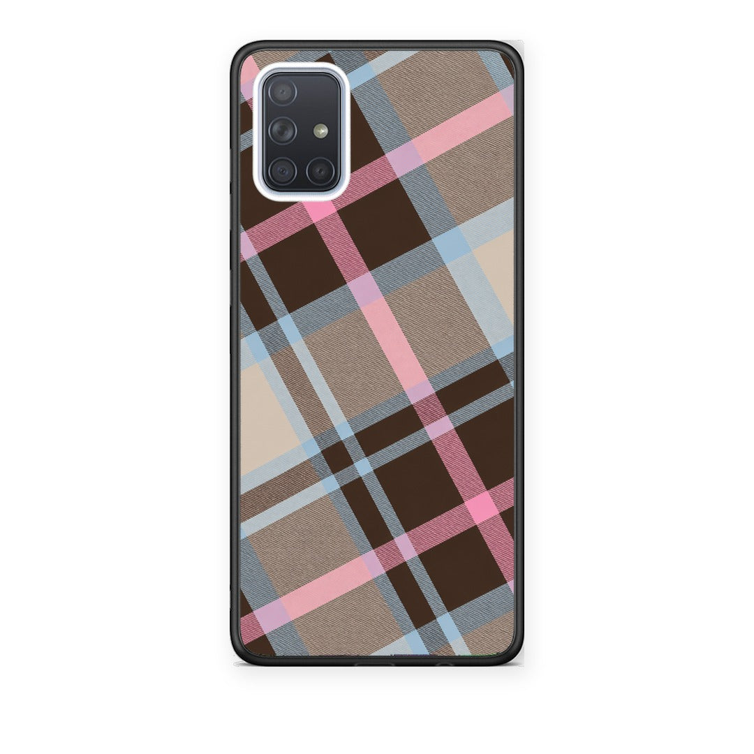 Θήκη Samsung Galaxy A51 Brown Pink and Blue Diagonal Plaid από τη Smartfits με σχέδιο στο πίσω μέρος και μαύρο περίβλημα | Samsung Galaxy A51 Brown Pink and Blue Diagonal Plaid case with colorful back and black bezels
