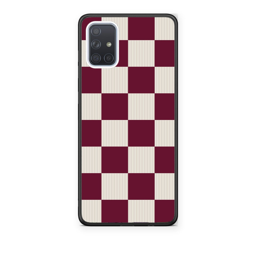 Θήκη Samsung Galaxy A51 Burgundy and Cream Striped Checks από τη Smartfits με σχέδιο στο πίσω μέρος και μαύρο περίβλημα | Samsung Galaxy A51 Burgundy and Cream Striped Checks case with colorful back and black bezels