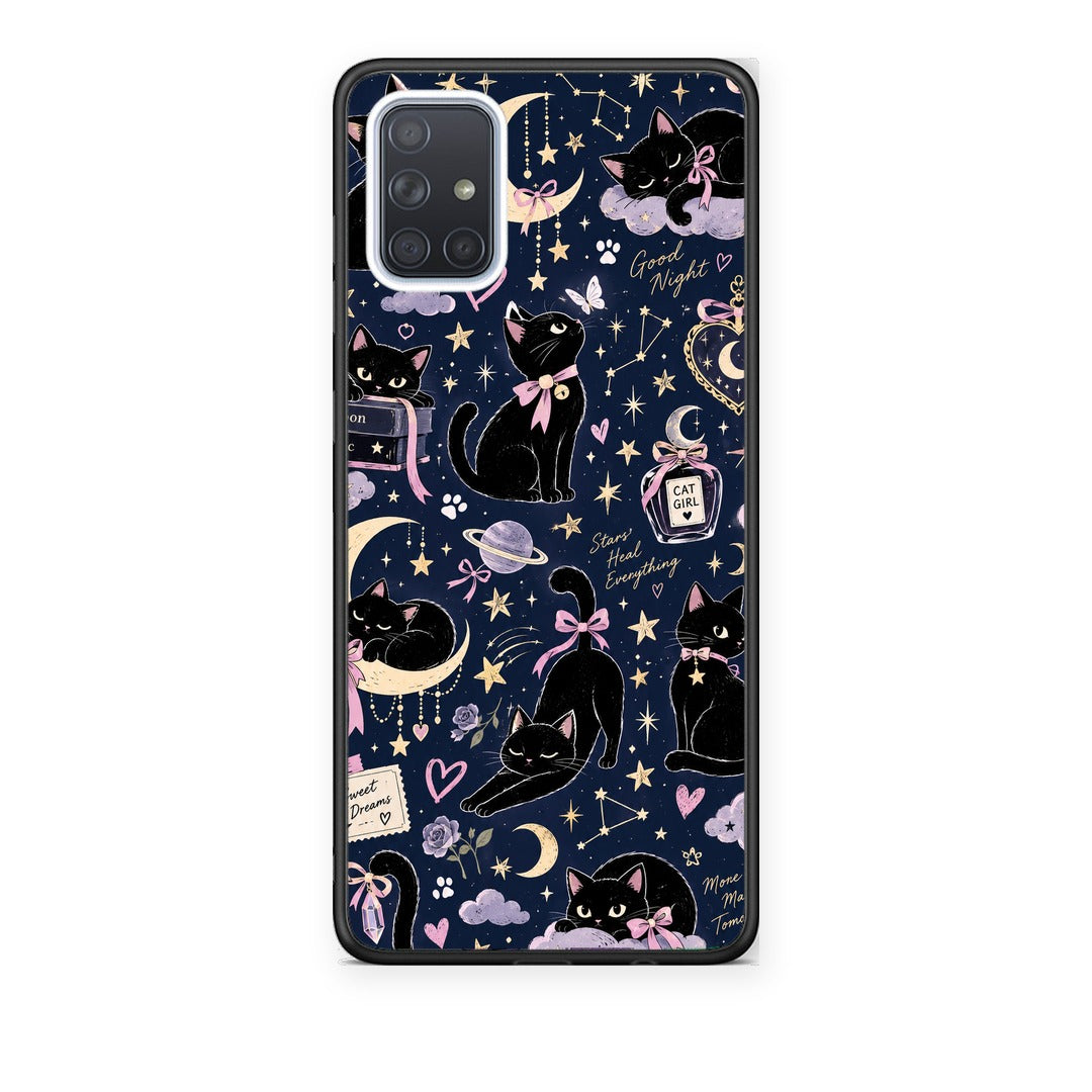 Θήκη Samsung Galaxy A51 Celestial Black Cats on Navy από τη Smartfits με σχέδιο στο πίσω μέρος και μαύρο περίβλημα | Samsung Galaxy A51 Celestial Black Cats on Navy case with colorful back and black bezels