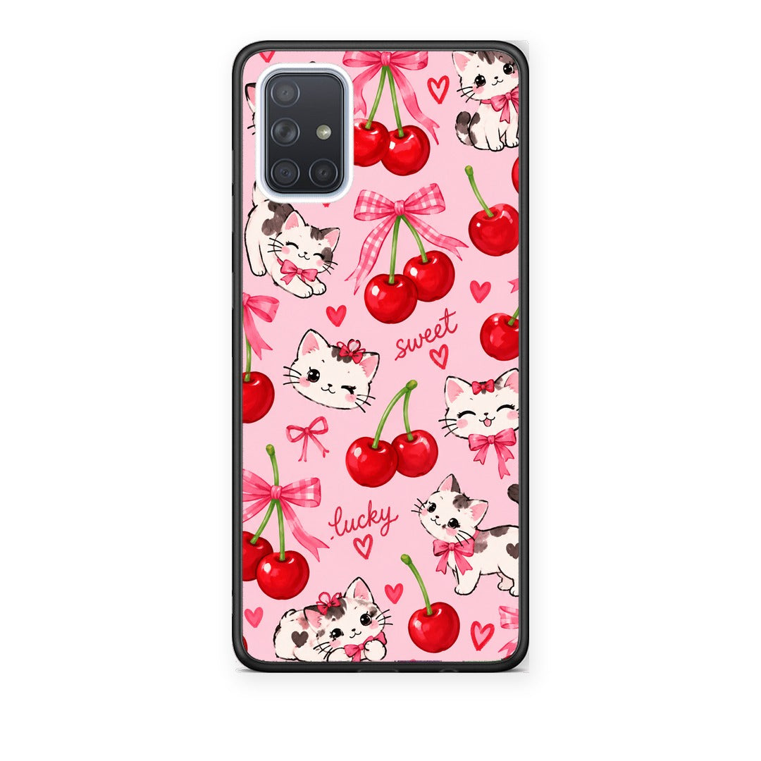 Θήκη Samsung Galaxy A51 Cherries Bows and Kittens on Pink από τη Smartfits με σχέδιο στο πίσω μέρος και μαύρο περίβλημα | Samsung Galaxy A51 Cherries Bows and Kittens on Pink case with colorful back and black bezels