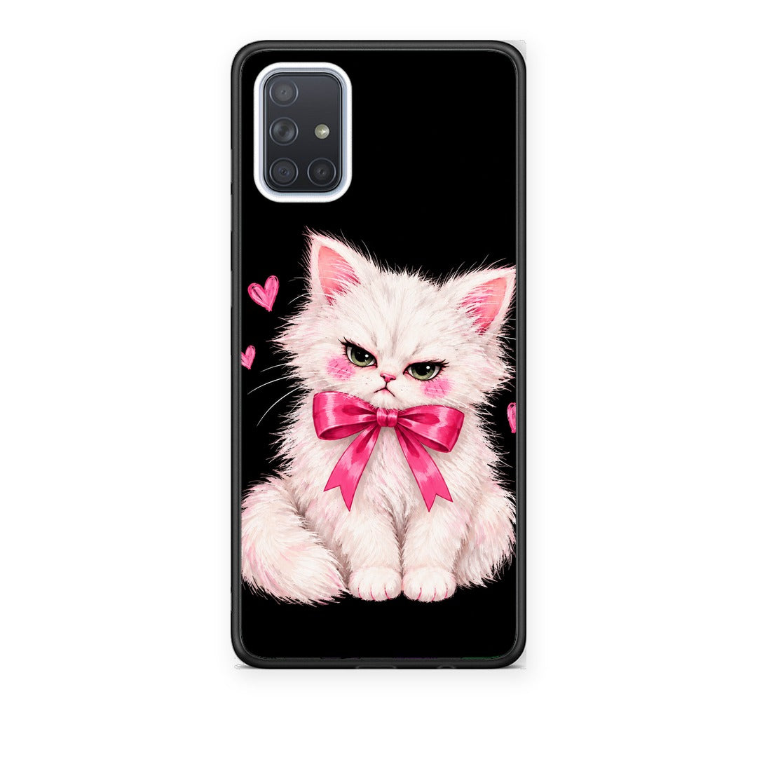 Θήκη Samsung Galaxy A51 Grumpy Party Kitten on Black από τη Smartfits με σχέδιο στο πίσω μέρος και μαύρο περίβλημα | Samsung Galaxy A51 Grumpy Party Kitten on Black case with colorful back and black bezels