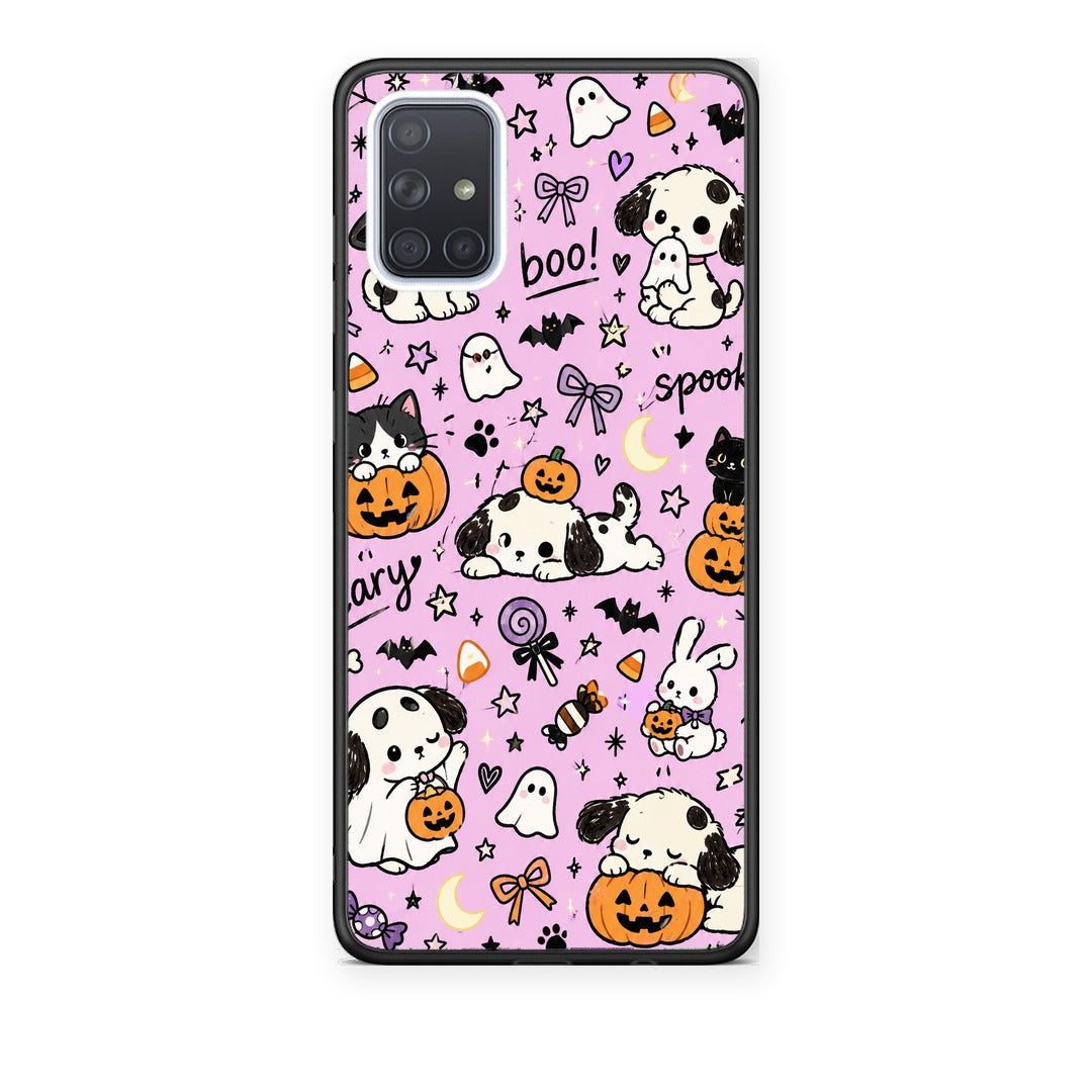 Θήκη Samsung Galaxy A51 Halloween Puppies and Friends on Lilac από τη Smartfits με σχέδιο στο πίσω μέρος και μαύρο περίβλημα | Samsung Galaxy A51 Halloween Puppies and Friends on Lilac case with colorful back and black bezels