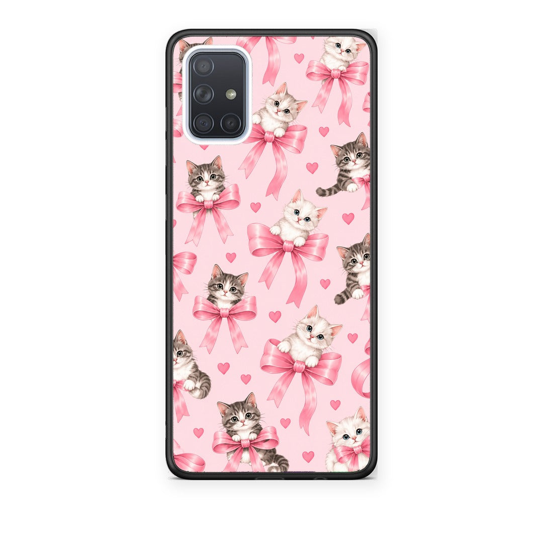 Θήκη Samsung Galaxy A51 Kittens and Pink Bows on Pink από τη Smartfits με σχέδιο στο πίσω μέρος και μαύρο περίβλημα | Samsung Galaxy A51 Kittens and Pink Bows on Pink case with colorful back and black bezels