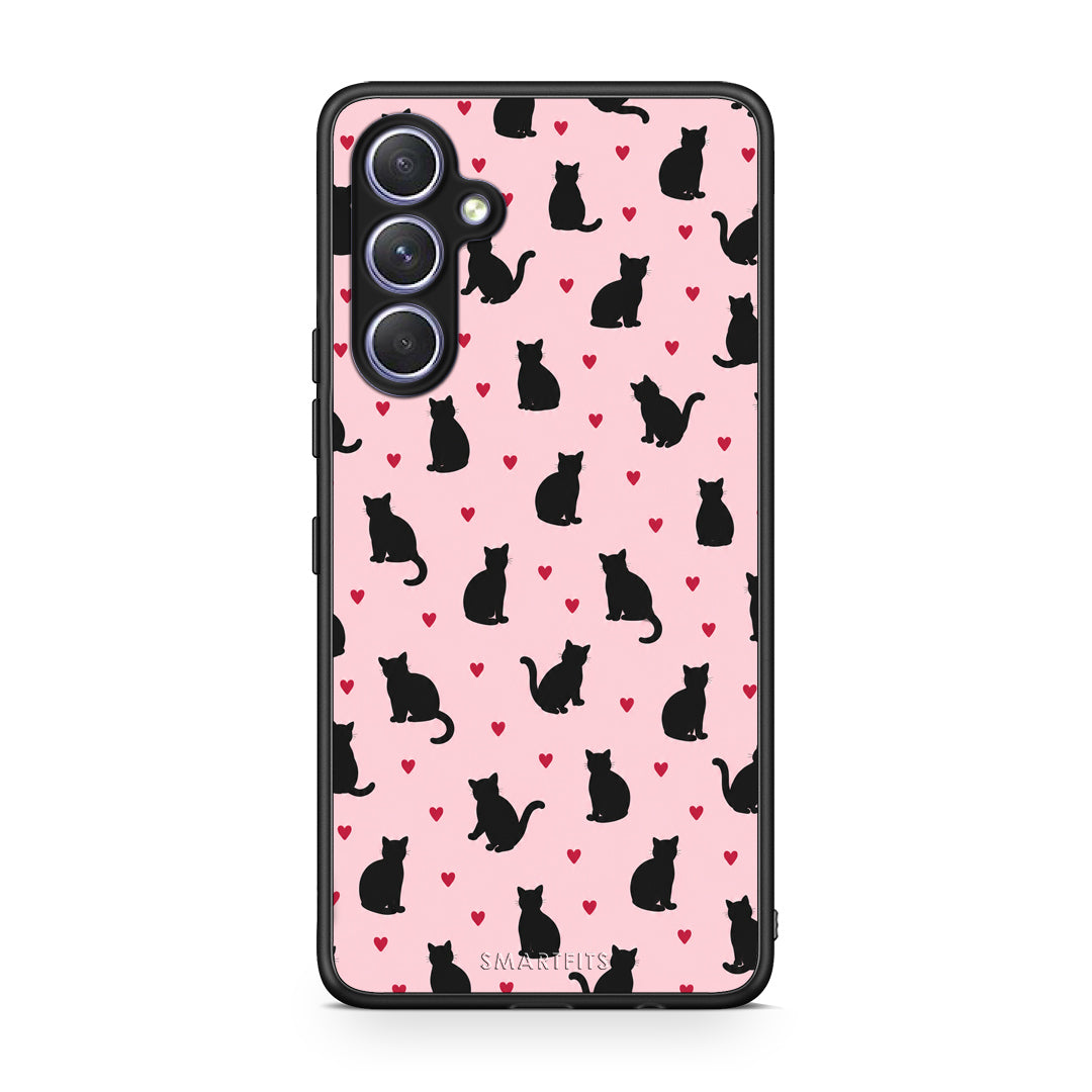 Θήκη Samsung Galaxy A54 Black Cat Silhouettes and Hearts on Pink από τη Smartfits με σχέδιο στο πίσω μέρος και μαύρο περίβλημα | Samsung Galaxy A54 Black Cat Silhouettes and Hearts on Pink case with colorful back and black bezels