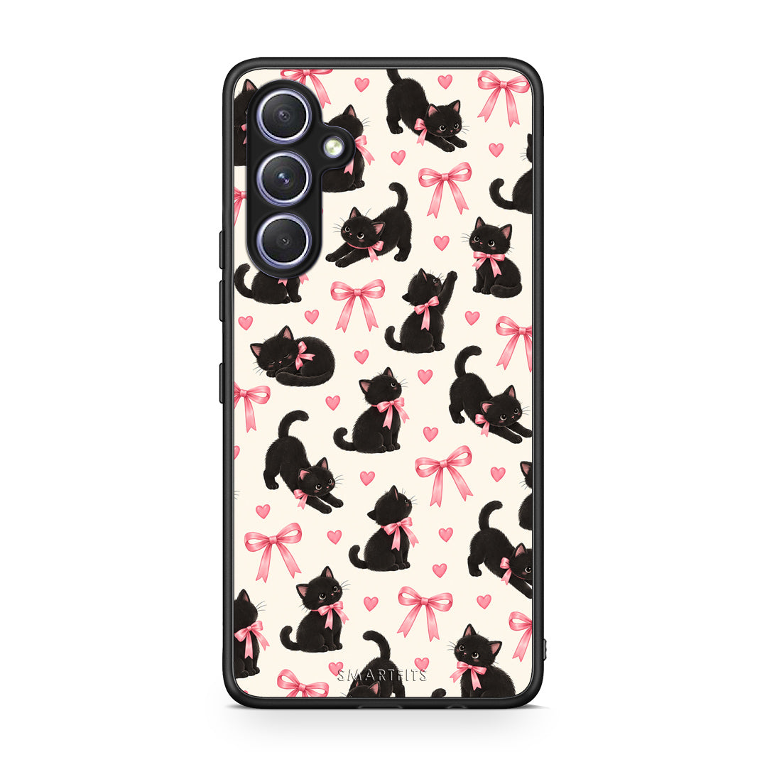 Θήκη Samsung Galaxy A54 Black Kittens and Pink Bows on Cream Small από τη Smartfits με σχέδιο στο πίσω μέρος και μαύρο περίβλημα | Samsung Galaxy A54 Black Kittens and Pink Bows on Cream Small case with colorful back and black bezels