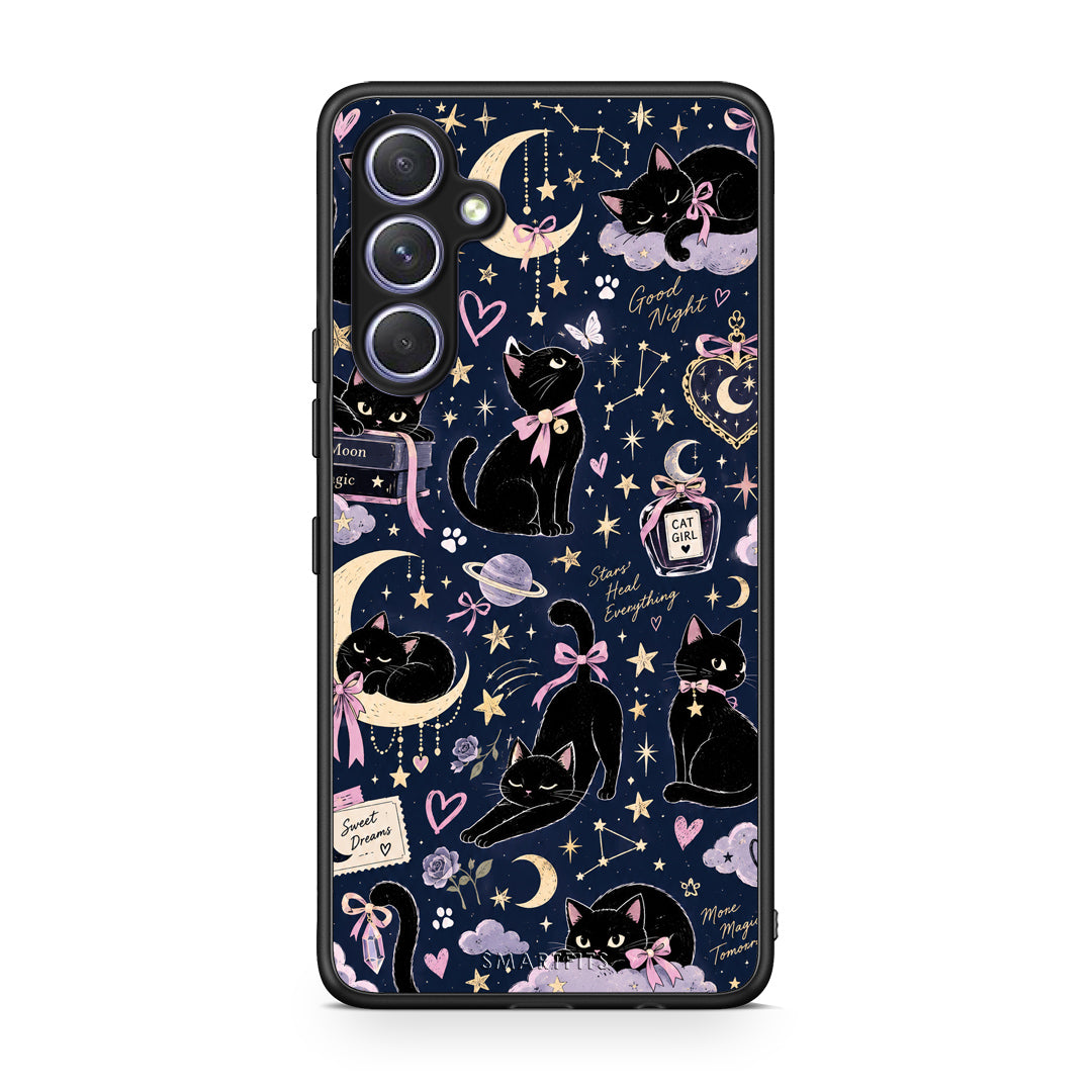 Θήκη Samsung Galaxy A54 Celestial Black Cats on Navy από τη Smartfits με σχέδιο στο πίσω μέρος και μαύρο περίβλημα | Samsung Galaxy A54 Celestial Black Cats on Navy case with colorful back and black bezels