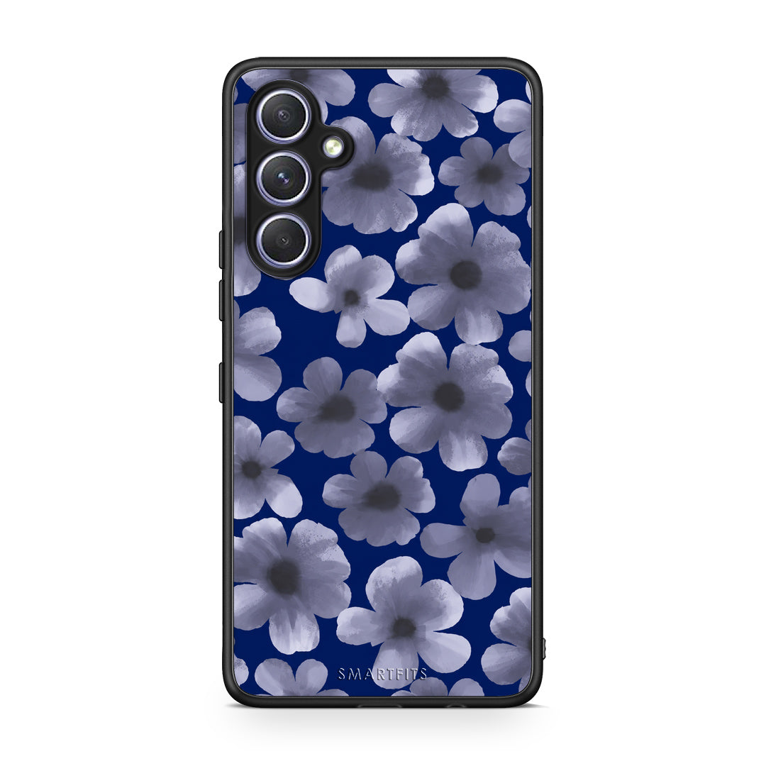 Θήκη Samsung Galaxy A54 Pale Blue Flowers on Navy από τη Smartfits με σχέδιο στο πίσω μέρος και μαύρο περίβλημα | Samsung Galaxy A54 Pale Blue Flowers on Navy case with colorful back and black bezels