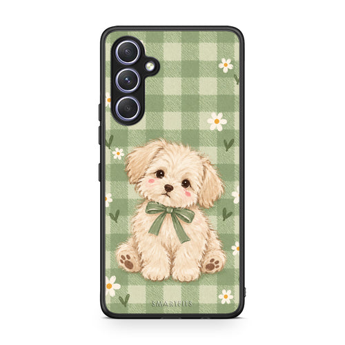 Θήκη Samsung Galaxy A54 Puppy and Daisies on Sage Gingham από τη Smartfits με σχέδιο στο πίσω μέρος και μαύρο περίβλημα | Samsung Galaxy A54 Puppy and Daisies on Sage Gingham case with colorful back and black bezels